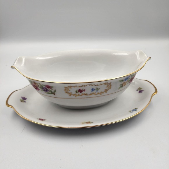 Vintage Dresdenia by Sango Floral with Golden Trim Gravy Boat attached Plate - Picture 3 of 5